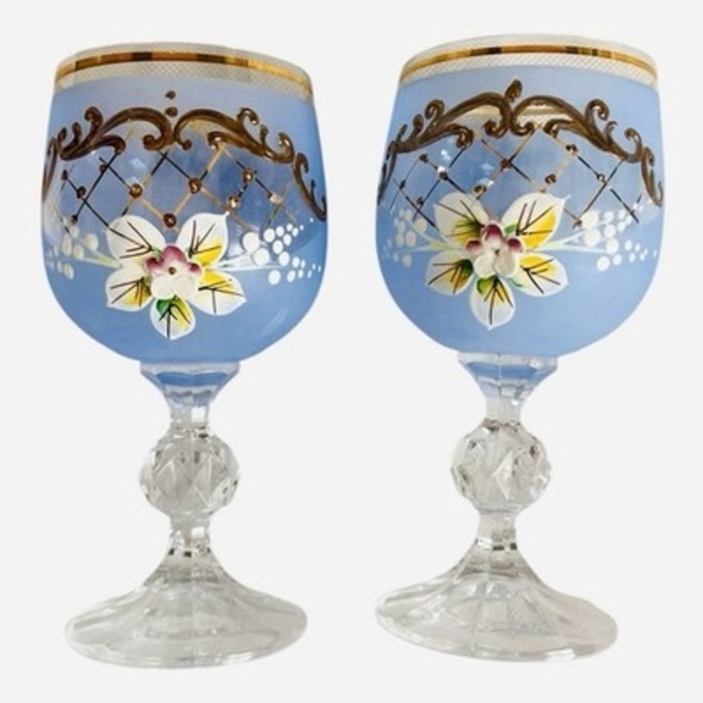 Vintage Bohemian Crystal Enameled Light Blue Wine Goblets Hand-Painted Floral VG - Picture 3 of 6